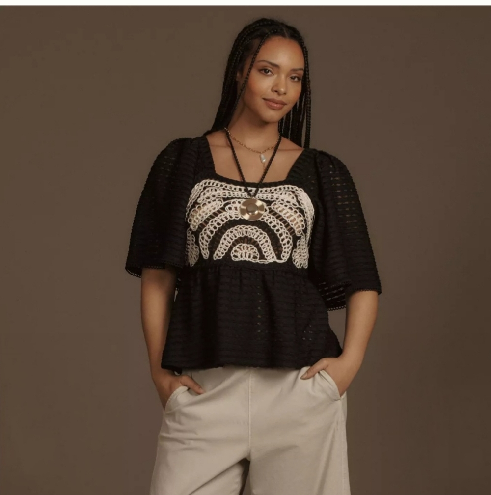 Anthropologie By Sarah Hann Flutter-Sleeve Crochet Top